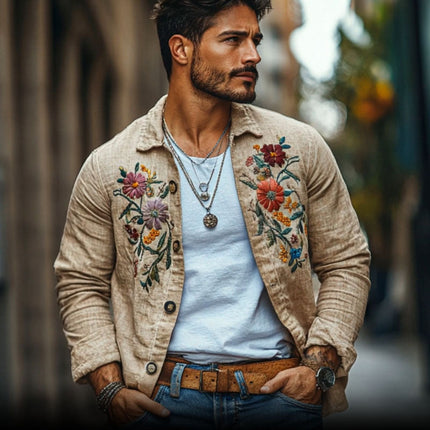 Men's Linen Shirt | Casual Long Sleeve | Embroidered Lapel | Loose Fit | Breathable Fabric | Button-Up | Lightweight | Versatile Styling | Multiple Sizes