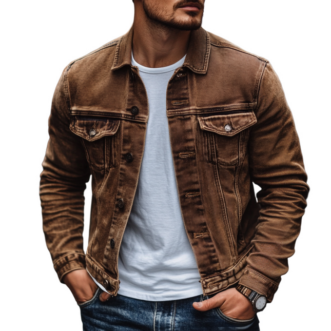 Men's Vintage Washed Denim Jacket | Casual Solid Color Outerwear | Classic Style | Timeless Design | Versatile Layering Essentials | Durable High-Quality Fabric | Functional Pockets | Comfortable Fit