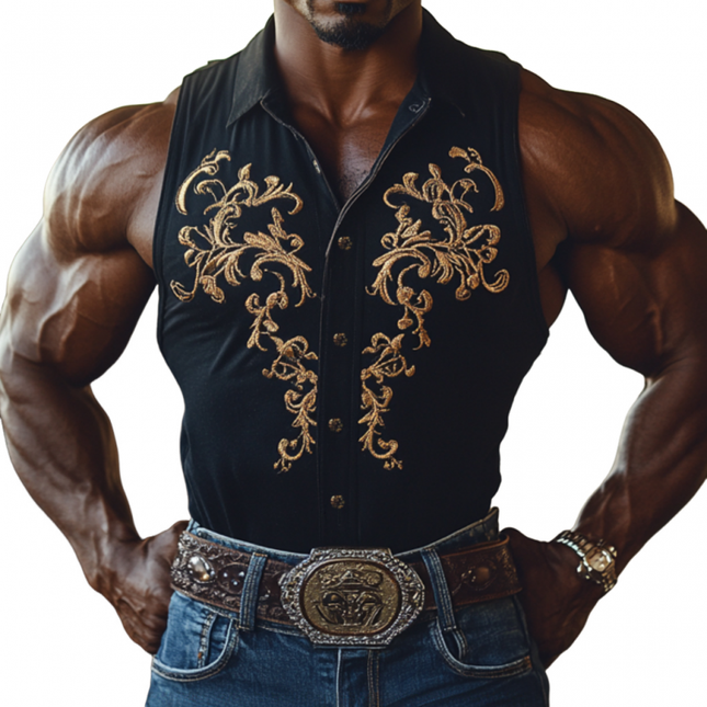 Men's Vintage Western Cowboy Shirt | Embroidered Cotton | Slim Fit | Sleeveless | Lapel Collar | 100% High-Quality Cotton | Breathable & Comfortable | Rugged Elegance | Classic Design | Stylish Summer Top