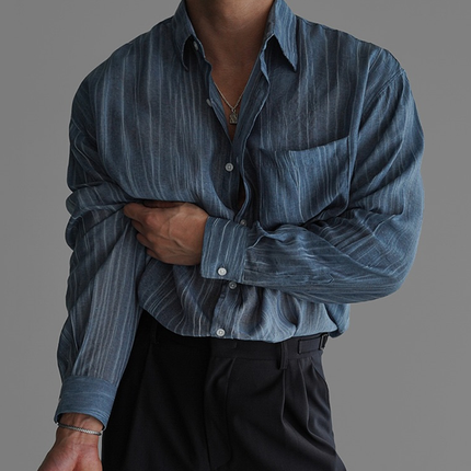 Men's Casual Shirt | Striped Pattern | Lapel Collar | Long Sleeve | Loose Fit | Soft Breathable Fabric | Versatile Wardrobe Staple | Easy-Care Fabric | Perfect for Weekend Outings & Casual Wear
