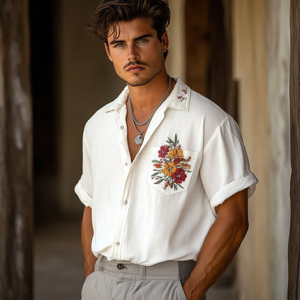 Men's Casual Chiffon Embroidered Shirt | Lightweight Short Sleeve | Turn-Down Collar | Artistic Details | Ideal for Warm Weather | Regular Fit | Versatile Style | Perfect for Casual or Semi-Formal Occasions