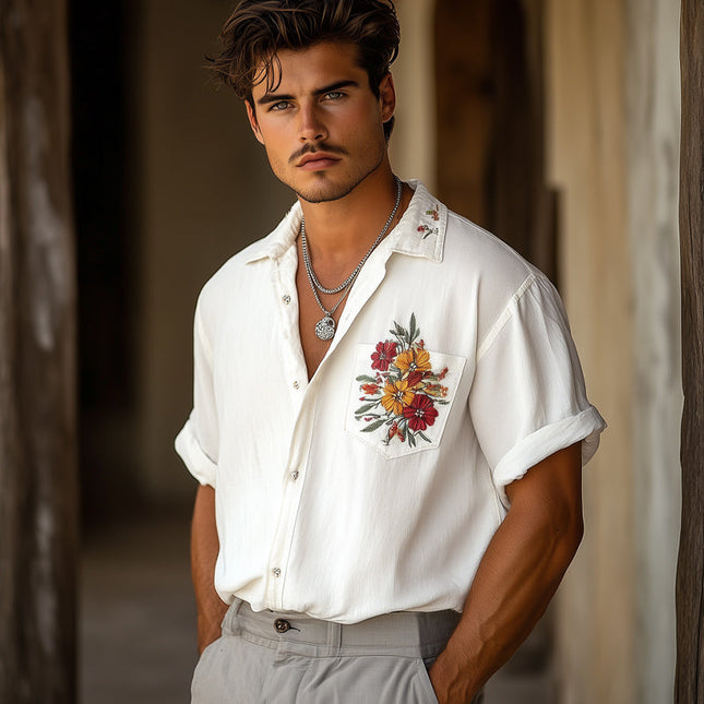 Men's Casual Chiffon Embroidered Shirt | Lightweight Short Sleeve | Turn-Down Collar | Artistic Details | Ideal for Warm Weather | Regular Fit | Versatile Style | Perfect for Casual or Semi-Formal Occasions