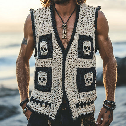 Men's Vintage Skull Knit Vest | Single Breasted Casual Sleeveless | V-Neck | Knitted Fabric | Unique Skull Design | Comfortable & Versatile | Fashion Forward Style | Sizes S-3XL | High Quality | Year-Round Wear