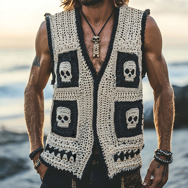 Men's Vintage Skull Knit Vest | Single Breasted Casual Sleeveless | V-Neck | Knitted Fabric | Unique Skull Design | Comfortable & Versatile | Fashion Forward Style | Sizes S-3XL | High Quality | Year-Round Wear