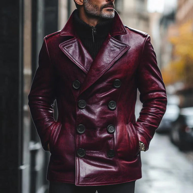 Men's Slim Fit Double Breasted Leather Coat | Vintage Notch Lapel Design | Premium Warm Outerwear | Timeless Style | Versatile Autumn Winter Fashion for Casual and Formal Occasions