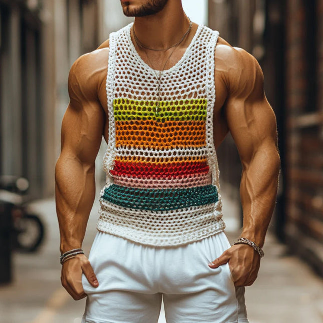 Men's Striped Crochet Tank Top | Round Neck | Casual Sleeveless Shirt | Lightweight Breathable Fabric | Unique Crochet Design | Vibrant Color Pattern | Trendy Summer Wear | Multiple Sizes Available