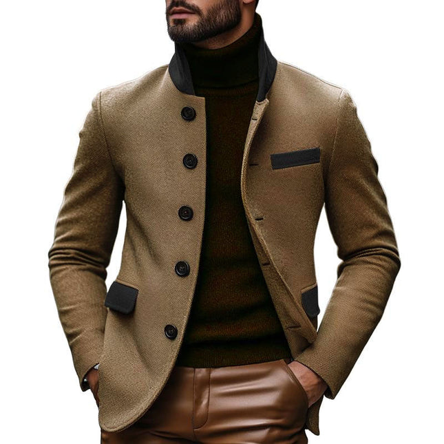 Men's Vintage Wool Blended Blazer | Colorblock Stand Collar | Slim Fit | Modern Aesthetic | Year-Round Versatility | Formal & Casual | Premium Fabric | Functional Pockets | Style-Conscious Outerwear