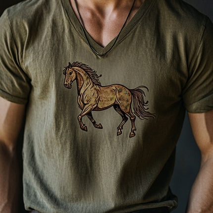 Men's V-Neck T-Shirt | Horse Print Short Sleeve | Comfortable Cotton Blend | Fashionable Casual Wear | Available in Sizes S-3XL | Unique Equestrian Design