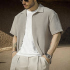 Men's Gray Textured Cotton Shirt | Short Sleeve Lapel Collar | Casual Modern Fit | Versatile Everyday Wear | Breathable Summer Top