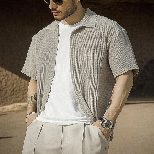 Men's Gray Textured Cotton Shirt | Short Sleeve Lapel Collar | Casual Modern Fit | Versatile Everyday Wear | Breathable Summer Top