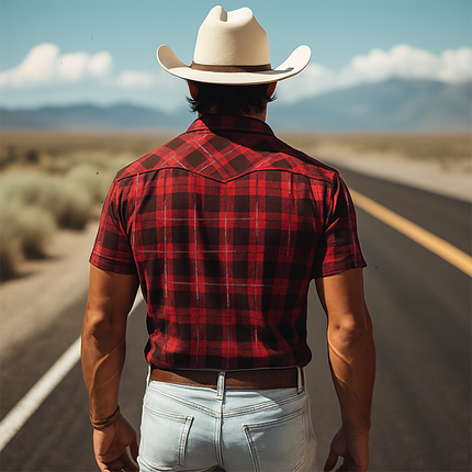 Men's Cotton Linen Blend Shirt | Retro Western Cowboy Plaid | Short-Sleeved Casual Summer Shirt | Vintage Style | Breathable & Comfortable