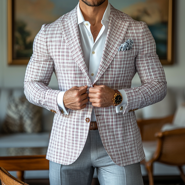 Men's Checked Blazer | Notch Lapel | Two-Button Closure | Spring Summer Outerwear | Fashionable Lightweight Jacket | Classic Tailoring | Long Sleeves | Versatile Style