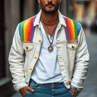 Men's White Denim Jacket | Rainbow Patchwork Design | Long Sleeve | Button-Down | Casual Outerwear