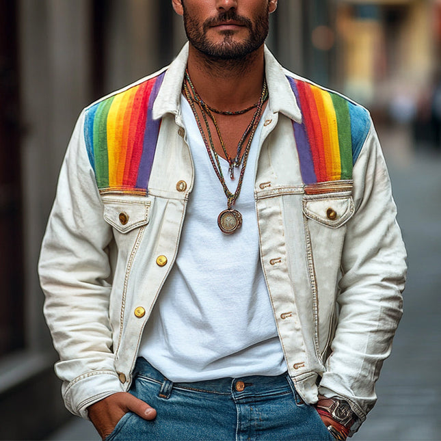 Men's White Denim Jacket | Rainbow Patchwork Design | Long Sleeve | Button-Down | Casual Outerwear