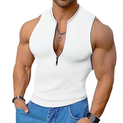 Men's Sleeveless Elastic Zipper Sports Tank Top | Summer Breathable Fitness Shirt | Polyester Spandex Blend Activewear | Body Hugging Fit | Adjustable Ventilation | Sizes S-3XL