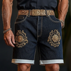 Men's Vintage-Inspired Embroidered Denim Shorts | Retro Straight-Leg Design | High-Quality Durable Fabric | Above-The-Knee Casual Fit | Perfect for Festivals & Weekend Outings | Classic Nostalgic Style