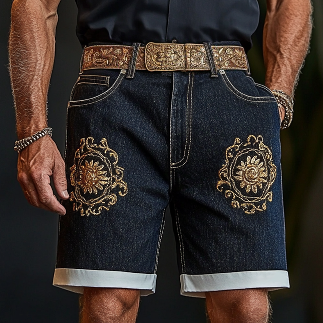 Men's Vintage-Inspired Embroidered Denim Shorts | Retro Straight-Leg Design | High-Quality Durable Fabric | Above-The-Knee Casual Fit | Perfect for Festivals & Weekend Outings | Classic Nostalgic Style