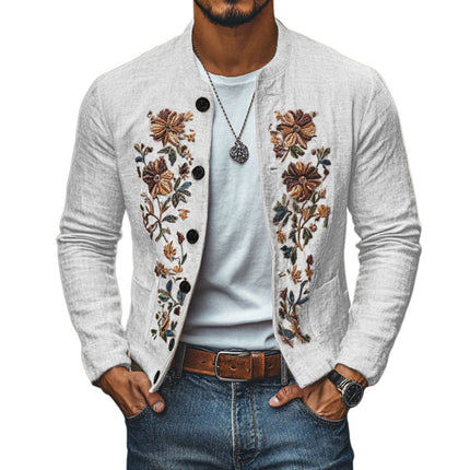 Men's Slim Fit Linen Jacket | Embroidered Stand Collar | Casual & Formal Outerwear | Stylish Single Breasted Blazer | Breathable Summer Coat | Fashionable Tailored Design | Versatile Wardrobe Essential