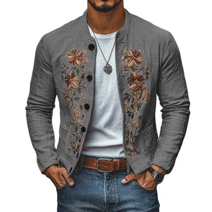 Men's Slim Fit Linen Jacket | Embroidered Stand Collar | Casual & Formal Outerwear | Stylish Single Breasted Blazer | Breathable Summer Coat | Fashionable Tailored Design | Versatile Wardrobe Essential