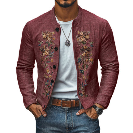 Men's Slim Fit Linen Jacket | Embroidered Stand Collar | Casual & Formal Outerwear | Stylish Single Breasted Blazer | Breathable Summer Coat | Fashionable Tailored Design | Versatile Wardrobe Essential