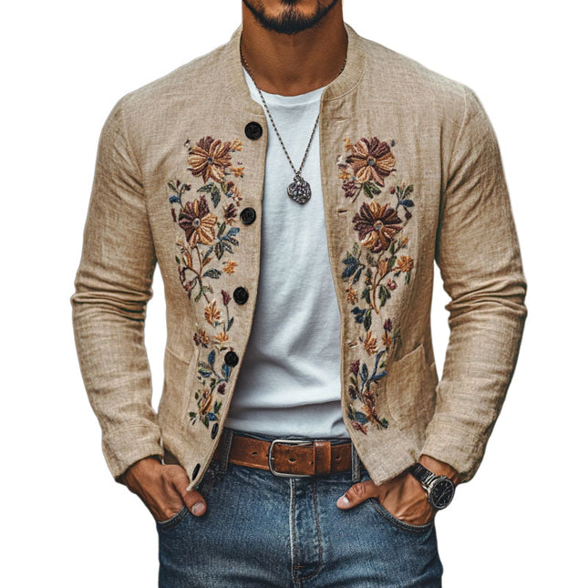 Men's Slim Fit Linen Jacket | Embroidered Stand Collar | Casual & Formal Outerwear | Stylish Single Breasted Blazer | Breathable Summer Coat | Fashionable Tailored Design | Versatile Wardrobe Essential