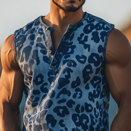 Men's Leopard Jacquard Denim Tank Top | Retro Western Style | Henley Collar | Sleeveless | Slim Fit | Durable Fabric | Vintage Cowboy Influence | Casual Summer Top