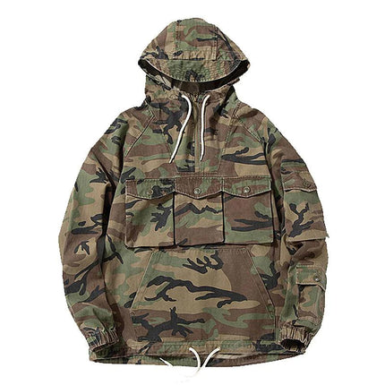 Men's Camo Pullover Hoodie | Multi-Pocket Outdoor Sweatshirt | Cotton Blend | Attached Hood | Machine Washable | Sizes S-XXXL | Rugged Style | Long Sleeve
