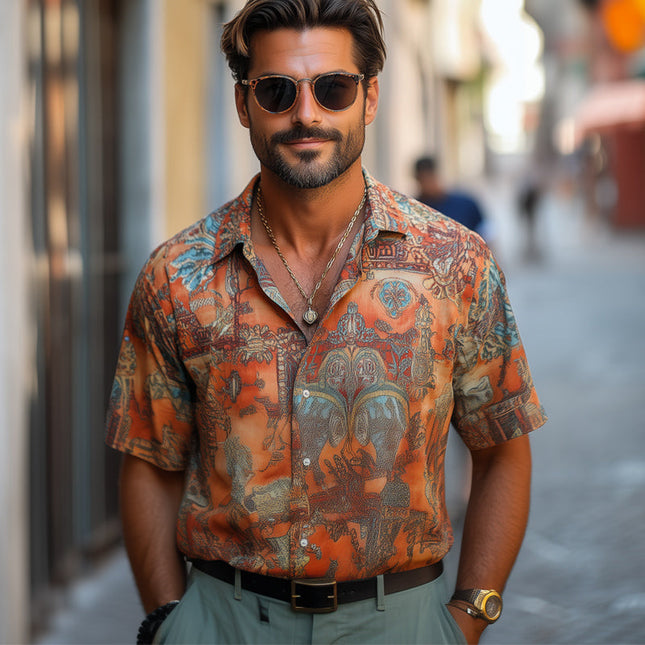 Men's Short Sleeve Shirt | Retro Print | Casual Style | Soft & Breathable Fabric | Button-Down Collar | Vintage Inspired Design | Perfect for Summer | Available in Sizes S-3XL