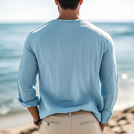 Men's V Neck Long Sleeve Shirt | Solid Cotton Linen Blend | Casual Comfortable Top | Premium Breathable Material | Versatile Stylish Design | Regular Fit | Ideal for All Seasons | Multiple Sizes Available