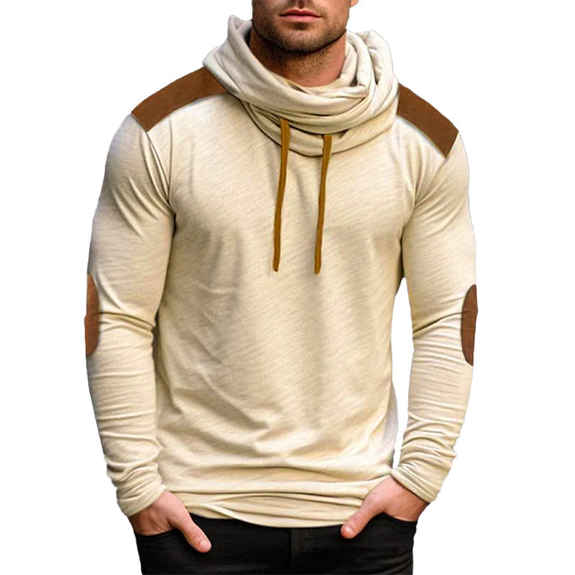 Men's Casual Long Sleeve T-Shirt | Color Block Design | High-Quality Materials | Pile Collar | Cowl Neck with Adjustable Drawstring | Breathable & Durable | Fashionable Wardrobe Essential