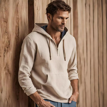 Men's Casual Hoodie | Apricot | Cotton Linen Blend | Relaxed Fit | Long Sleeve Pullover | Hooded with Drawstring | Kangaroo Pocket | Lightweight Breathable Outerwear | Effortless Style
