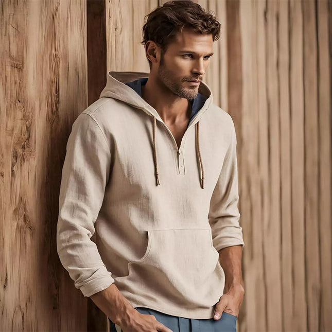 Men's Casual Hoodie | Apricot | Cotton Linen Blend | Relaxed Fit | Long Sleeve Pullover | Hooded with Drawstring | Kangaroo Pocket | Lightweight Breathable Outerwear | Effortless Style