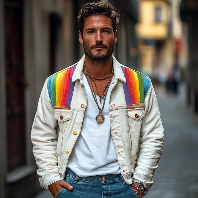 Men's White Denim Jacket | Rainbow Patchwork Design | Long Sleeve | Button-Down | Casual Outerwear