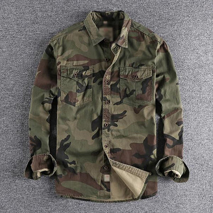 Men's Camouflage Cargo Shirt | Long Sleeve | Lapel Collar | Patch Pocket | Single Breasted | Machine Washable | Durable | Casual Wear | Fashionable 남성용 피크닉 스타일의 세련된 카무플라쥬 셔츠