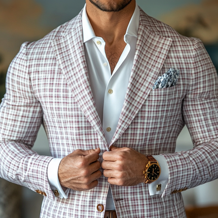 Men's Checked Blazer | Notch Lapel | Two-Button Closure | Spring Summer Outerwear | Fashionable Lightweight Jacket | Classic Tailoring | Long Sleeves | Versatile Style