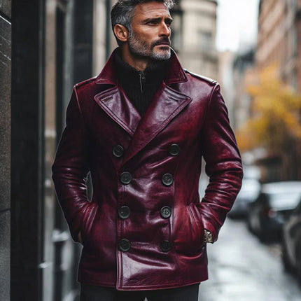 Men's Slim Fit Double Breasted Leather Coat | Vintage Notch Lapel Design | Premium Warm Outerwear | Timeless Style | Versatile Autumn Winter Fashion for Casual and Formal Occasions