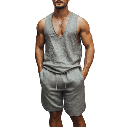 Men's Linen Tank Top & Shorts Set | V-Neck Loose Fit | Elastic Waist | Breathable Summer Apparel | Casual Outfit | Beach & Lounge Ready | Versatile Style