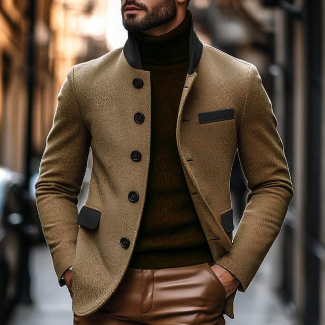 Men's Vintage Wool Blended Blazer | Colorblock Stand Collar | Slim Fit | Modern Aesthetic | Year-Round Versatility | Formal & Casual | Premium Fabric | Functional Pockets | Style-Conscious Outerwear
