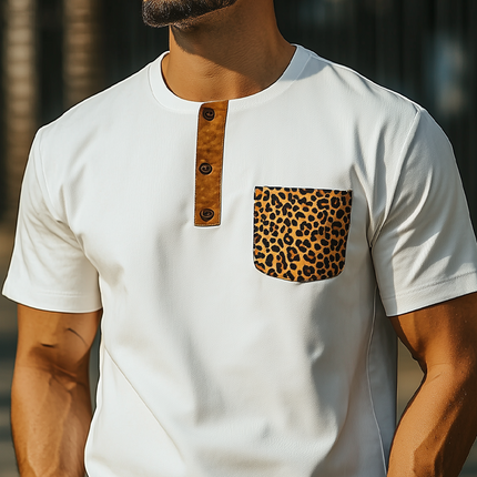 Men's Retro Western Cowboy T-Shirt | Spring Summer Fashion | Slim Fit Henley Collar | Leopard Print Cotton Blend | Short Sleeve | Chest Pocket