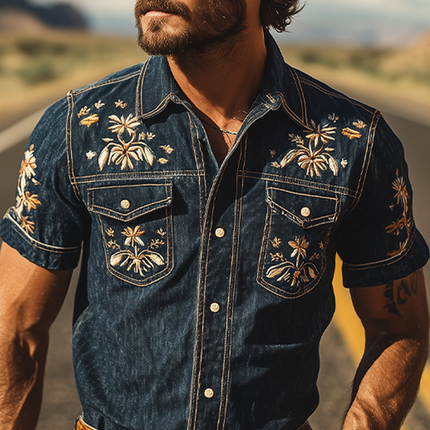 Men's Retro Western Denim Shirt | Summer Fashion | Short Sleeve | Embroidered Cowboy Style | Durable Fabric | Versatile Casual Wear | Classic Snap Button Design | Breathable Comfort