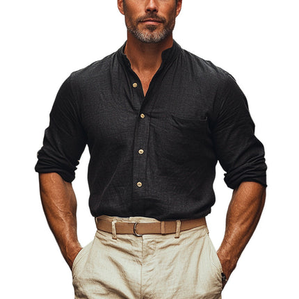 Men's Casual Shirt | Solid Color | Cotton Linen Blend | Stand Collar | Tailored Fit | Breathable | Versatile Wardrobe Essential | Elegant and Comfortable | Suitable for All Seasons | Fashionable Design