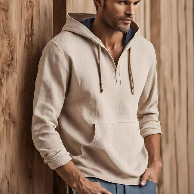 Men's Casual Hoodie | Apricot | Cotton Linen Blend | Relaxed Fit | Long Sleeve Pullover | Hooded with Drawstring | Kangaroo Pocket | Lightweight Breathable Outerwear | Effortless Style