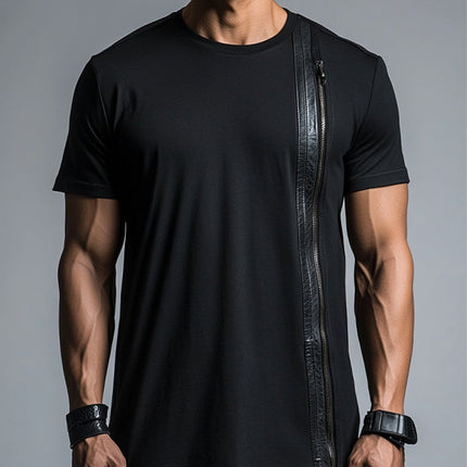 Men's Short Sleeve Zip-Up T-Shirt | Casual Cotton Leather Accents | Crew Neck | Breathable Fabric | Stylish Weekend Wear