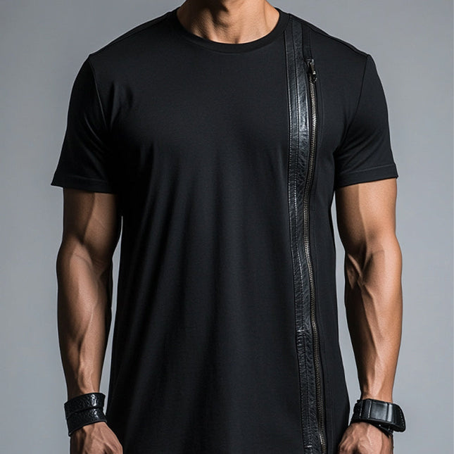 Men's Short Sleeve Zip-Up T-Shirt | Casual Cotton Leather Accents | Crew Neck | Breathable Fabric | Stylish Weekend Wear