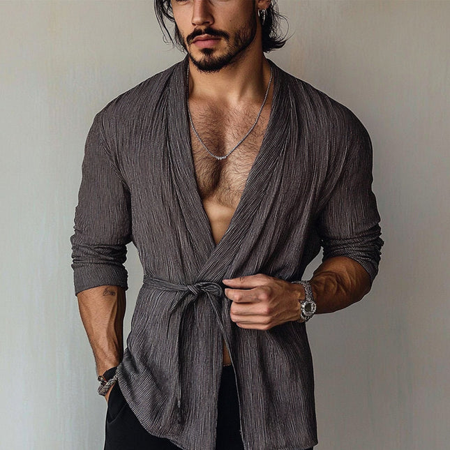 Men's Long Sleeve Tie-Front Cardigan | Casual Loose Fit | Open Front Outerwear | Soft Fabric Comfortable Layering