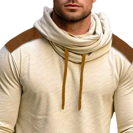 Men's Casual Long Sleeve T-Shirt | Color Block Design | High-Quality Materials | Pile Collar | Cowl Neck with Adjustable Drawstring | Breathable & Durable | Fashionable Wardrobe Essential