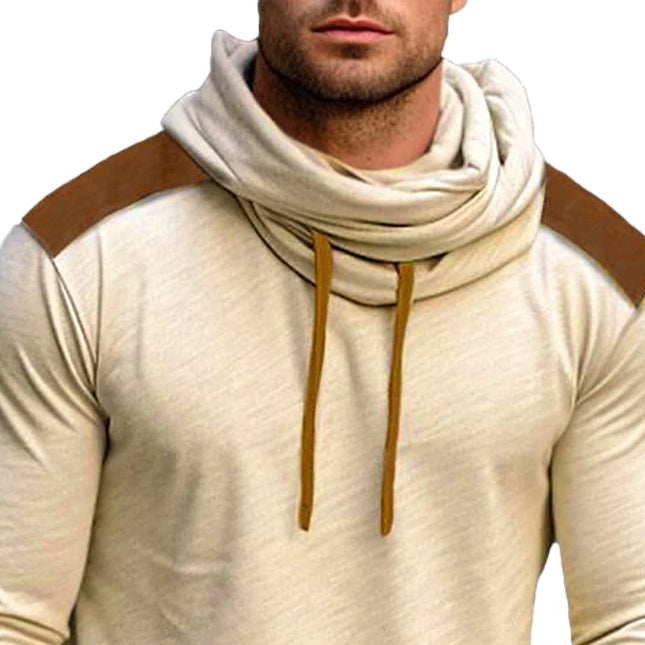 Men's Casual Long Sleeve T-Shirt | Color Block Design | High-Quality Materials | Pile Collar | Cowl Neck with Adjustable Drawstring | Breathable & Durable | Fashionable Wardrobe Essential