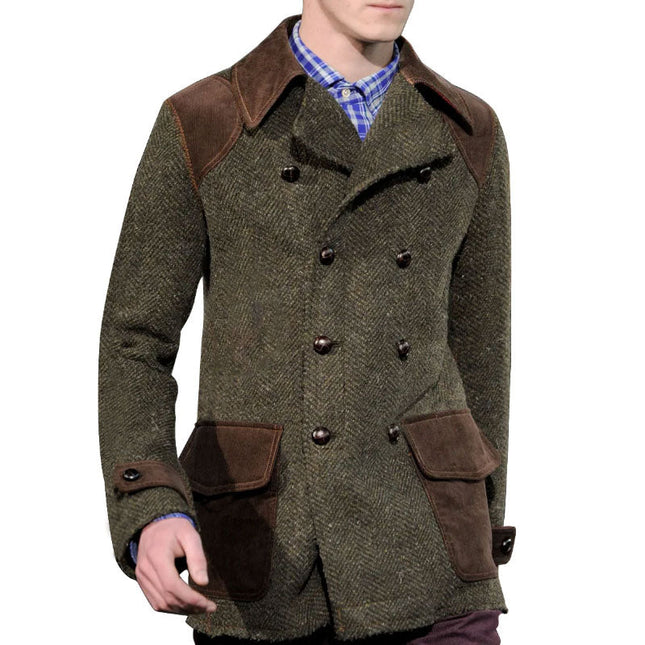 Vintage Herringbone Wool Suede Patchwork Coat | Double-Breasted Jacket | Men's Outerwear | Casual Winter Blazer | Elegant Buttoned Design | Sophisticated Fashion | Warm Luxury Textures | Unique Textured Details | Versatile Style