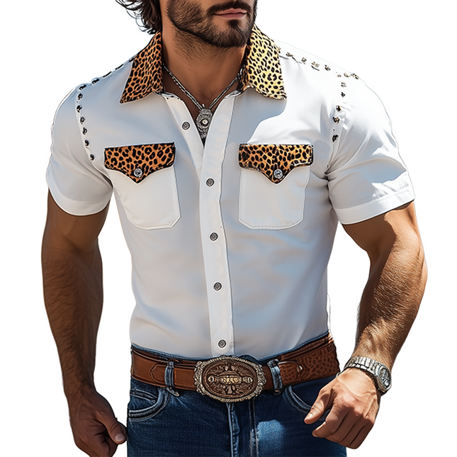 Men's Retro Western Style Shirt | Cotton Blend | Leopard Print | Metal Rivet Details | Slim Fit | Short Sleeve | Spring Summer Fashion