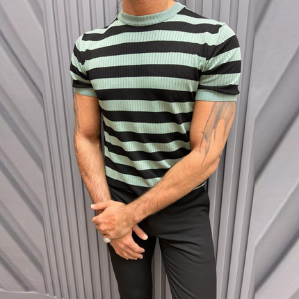 Men's Striped Breathable Knitted T-Shirt | Casual Contrast Colors | Short Sleeve Round Neck | Versatile Everyday Layer | Summer Essential | Comfortable Lightweight Fashion